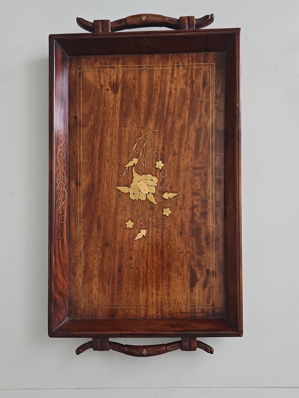 Vintage Wooden Serving Tray with Brass & Copper Floral Inlay